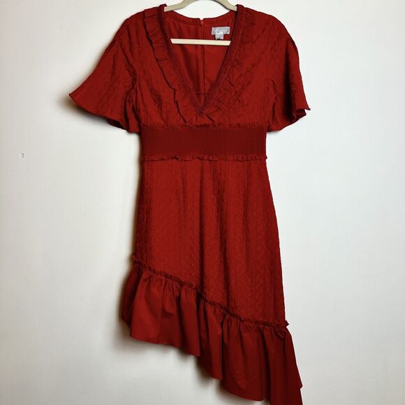 Finders Keepers Memento Dress Red Asymmetrical Ruffle Hem Embroidery Sz M - Picture 2 of 16